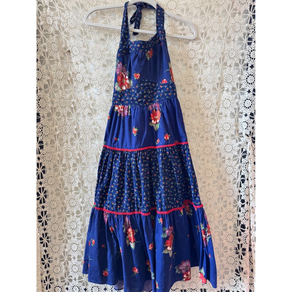 Vintage 70's Blue Floral Halter Midi Dress Blue Red Tiered Prairie Boho Sz 10 - Picture 1 of 8